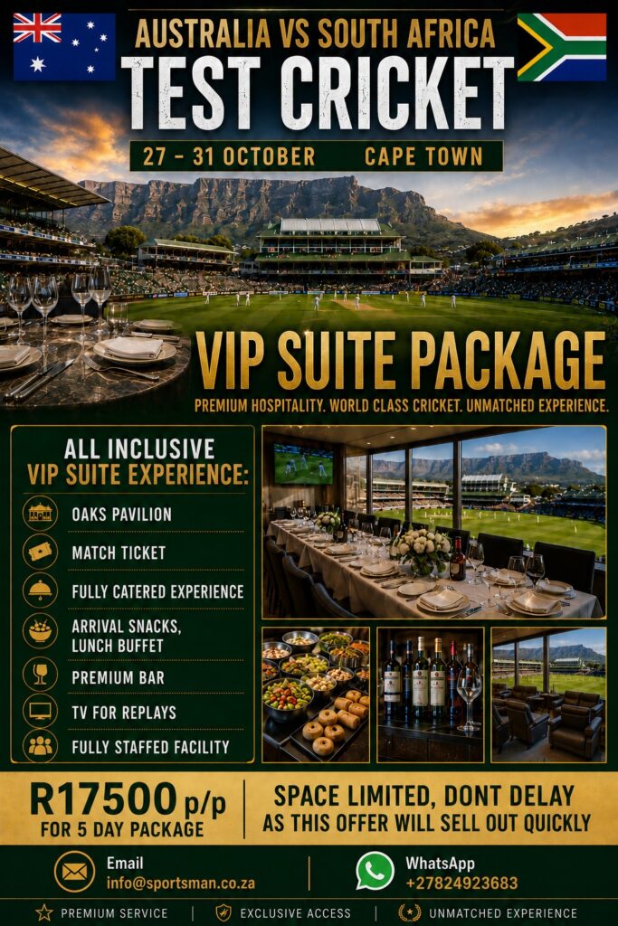 Australia vs South Africa Test cricket poster, 27 to 31 October, Newlands Cape Town, VIP suite package R17500 per person